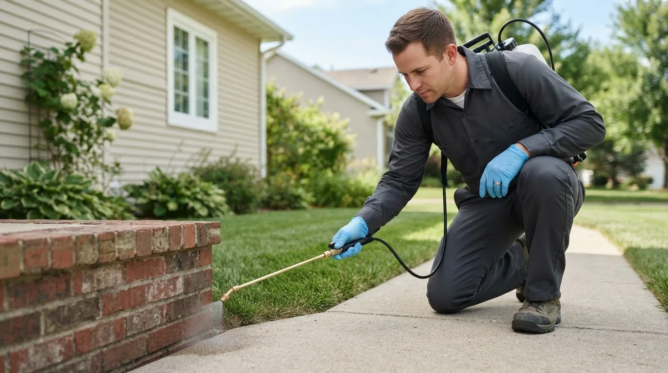 Pest control technician treating a home near Greeley, NE